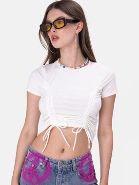 🤍 Adika White Ruched Tie Front Fitted Crop Top Cotton T-Shirt Small
